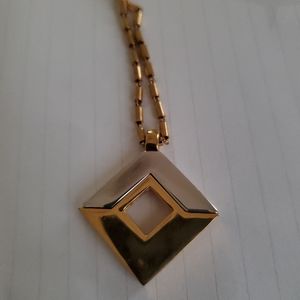 Crown Trifari silver & gold tone pendant barrel chain necklace (mint cond.) Mark